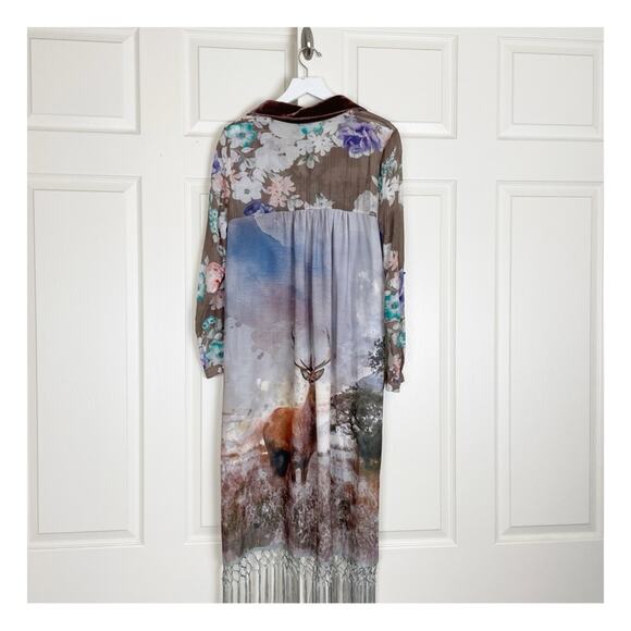 Aratta Silent Gourney Deer Stag Nature Print Fringe Hem Maxi Duster - Picture 1 of 8
